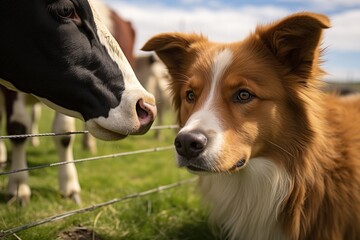 close-up shot of an icelandic dog looking at a cow behind the fence - obrazy, fototapety, plakaty
