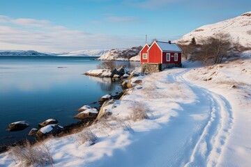 coastal landscape with red hut in winter, lebesby, lakse fjord,