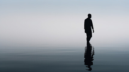 Lonely and lost man standing in Enigmatic Dream Landscape, silhouette of a person walking in calm water reflection, loneliness concept in minimalist banner, monochrome ambiance without horizon - obrazy, fototapety, plakaty