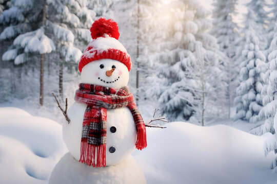 Cute Christmas smiling snowman with red wool knitted hat and scarf in a winter landscape covered with snow, snowy spruce trees with copy space