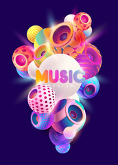 Music poster design with 3D colorful speaker and decoration balls. Abstract musical vector poster.