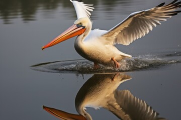 Fototapeta na wymiar dalmatian pelican, pelecanus crispus,landing on kerkini lake