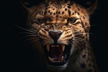 dangerous cheetah licking mouth with shadow in darkness - obrazy, fototapety, plakaty