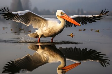dalmatian pelican,   pelecanus crispus,landing on kerkini lake
