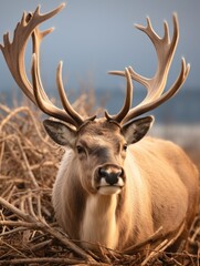 Naklejka na ściany i meble domestic reindeer with large antlers, hay in background