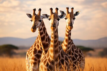 four giraffes briefly come together on the plains of the masai mara, . - obrazy, fototapety, plakaty