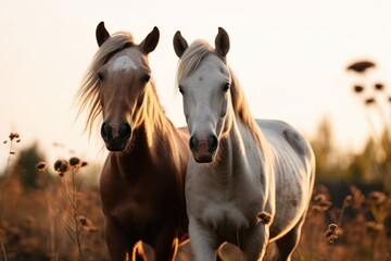 funny horses on meadow