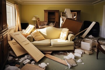 overturned furniture in an otherwise neat room
