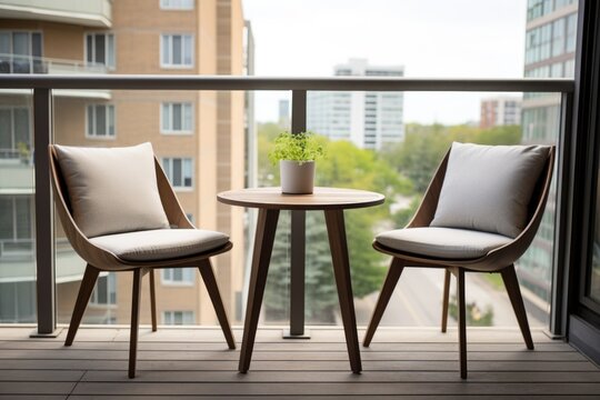 a condo balcony with coffee table and two chairs