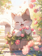 Whimsical Journey: A Kitten's Adventure in a Floral Town,cat and flowers,Cute dreamy illustration of a cat with a basket of flowers