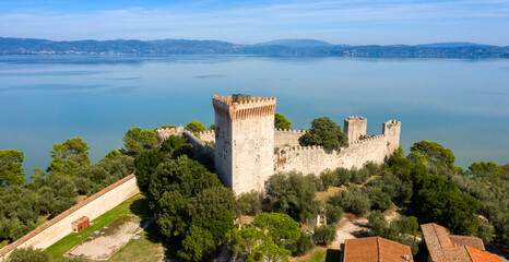 Aerial view on Fortress of the Lion in historical center of Castiglione del Lago, in Umbria, Italy....