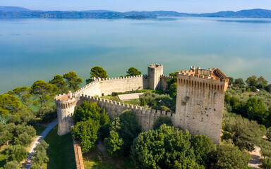 Aerial view on Fortress of the Lion in historical center of Castiglione del Lago, in Umbria, Italy. The castle is now used for events and is located on Lake Trasimeno in the province of Perugia. © Stefano Tammaro