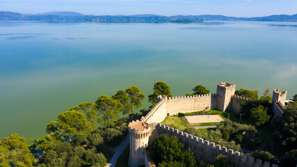 Aerial view on Fortress of the Lion in historical center of Castiglione del Lago, in Umbria, Italy....