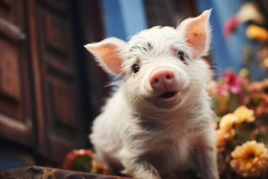 pig smiling on a doorstep