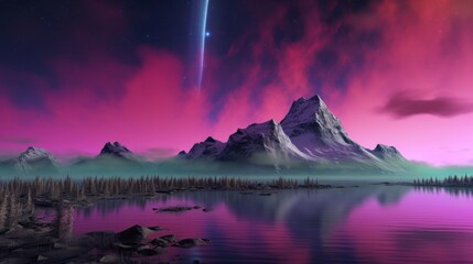 rocky mountains with aurora borealis. magenta sky background with copy-space.