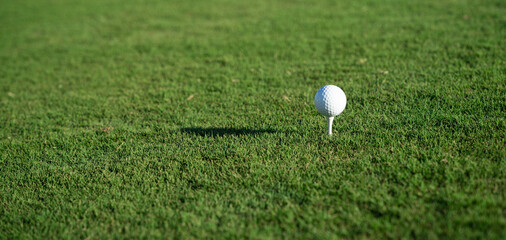 Golf ball positioned on a tee on the grass of the golf course. Copy space on the left