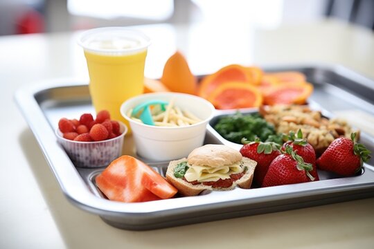a school meal tray with healthy food options