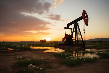 Fototapeta na wymiar silhouette of pump jack in oil field at sunset