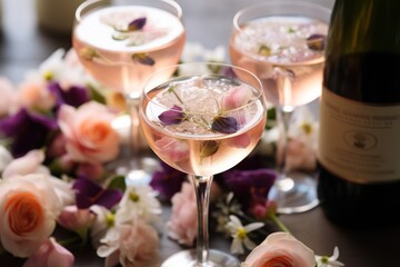 Naklejka na ściany i meble sparkling rose wine with edible flower garnish