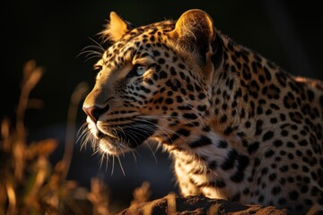 the side profile of a leopard, panthera pardus, in soft light