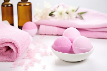 pink bath bombs beside white towels and essential oils