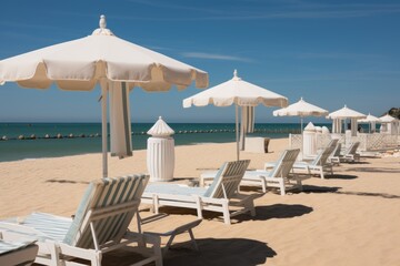 Fototapeta premium white umbrellas and empty loungers on sandy beach.