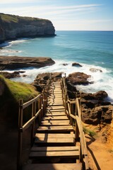 wooden pier with rocky cliff and stairs near ocean