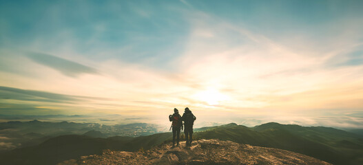 lover women and men asians travel relax in the holiday. Photograph mountain landscapes atmosphere in the morning. In the winter. In Thailand - obrazy, fototapety, plakaty