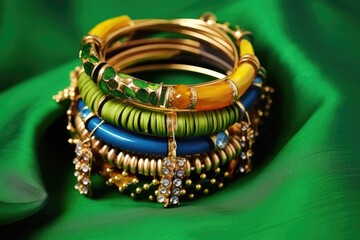 bunch of multi-colored fashion jewelry on a green velvet surface