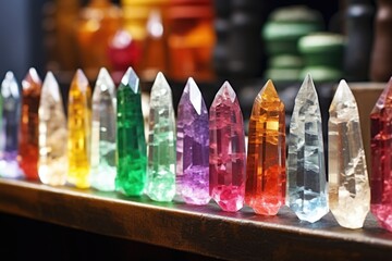 cluster of colorful crystals on a glass shelf