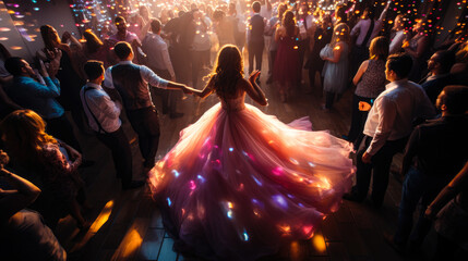 Twinkling Night Embrace: Bride's First Dance Surrounded by Guests in Ambient Fairy Lights