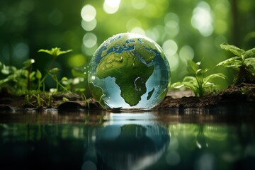the earth is out in space surrounded by leaves, in the style of layered translucency, light green and blue, ethical concerns, living materials, global influences, dynamic energy - obrazy, fototapety, plakaty
