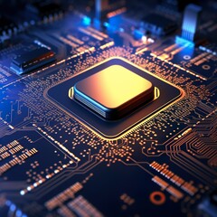 Computer board with processor and chips illuminated by blue light, representing advanced technology and computing