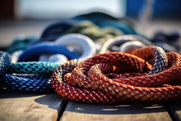 selective focus on fishing ropes coiled on a dock