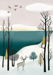 Winter snow woodland nature landscape illustration for Christmas holiday greeting card or postcard. Nordic fairy tale forest with tree, river, deer and copy space in pink green teal colors
- 660030286