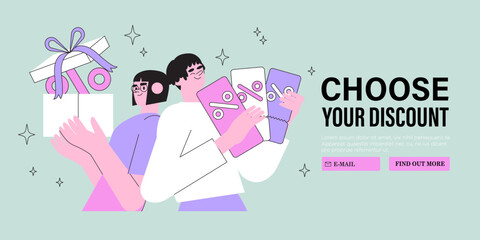 Special offer or big seasonal sale, discounts concept for banner, flyer, web or landing page. Couple shop online and receive personal discount coupon. Character hold gift box with surprise from store.
