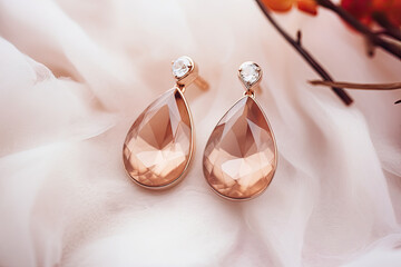 Close up of classy diamond earrings, soft fashion colours