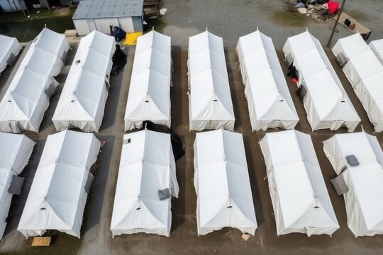 top view of monochrome refugee tents arranged into rows