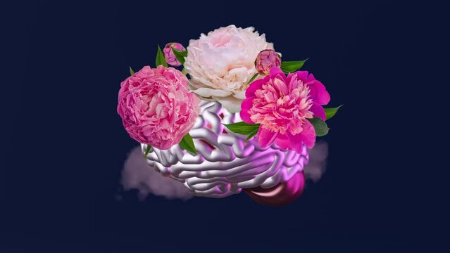Human brain with peony flowers clouds thoughts modern creative animation stop motion loop. Mental health Selfcare Psychology Mindfulness Love yourself Self acceptance Stress healing Harmony Letting go