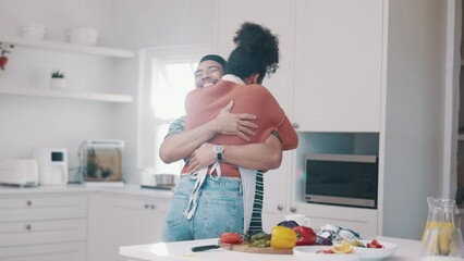 Home, couple and flower bouquet or surprise for anniversary, valentines day or birthday. A happy man and woman partner together in kitchen while cooking food and giving floral gift to celebrate love - Powered by Adobe