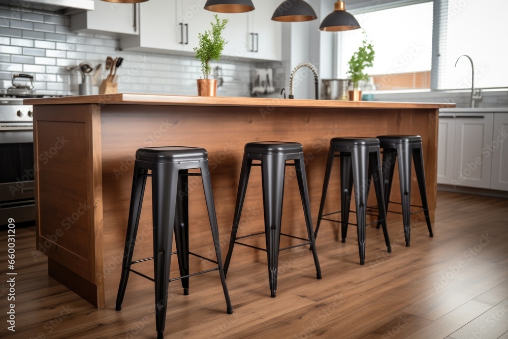 Sticker steel-framed bar stools at a kitchen island