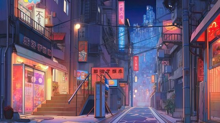 Asian japanese chinese city street view inspired by anime and manga by night with beautiful lights sign and neon reflecting on wet floor, reworked and enhanced ai generated mattepainting landscape