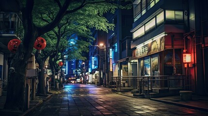 Asian japanese chinese city street view by night with beautiful lights sign and neon reflecting on wet floor, reworked and enhanced ai generated mattepainting landscape