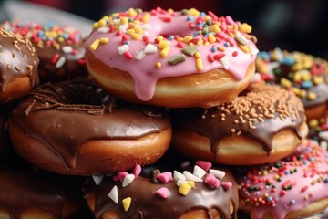 Close up of an assortment of donuts with sprinkles and icing