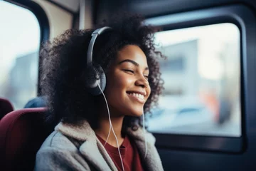 Poster Smiling young woman listening to music while riding in a bus © Geber86