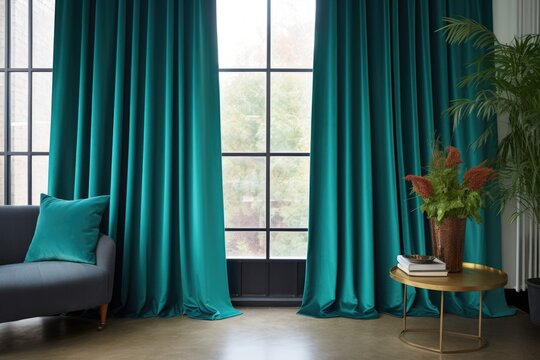 teal curtains draped against large window