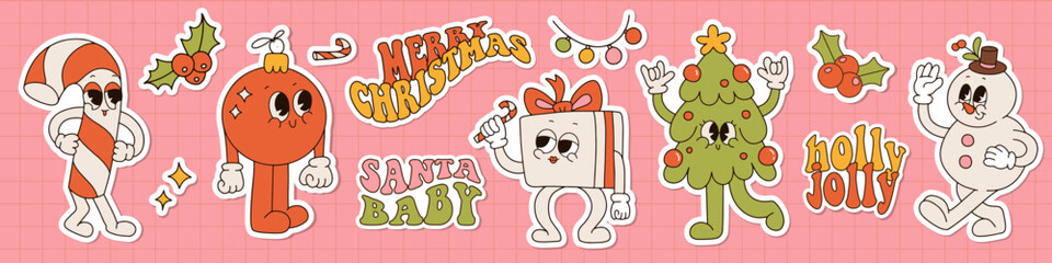 Groovy hippie Christmas retro cartoon characters stickers set. Candy cane, Christmas tree, gift box, Xmas tree and snowman in trendy 70s hippie style. Sticker pack of comic mascots with text. vector