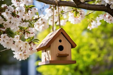 classic wooden birdhouse hanging from a tree