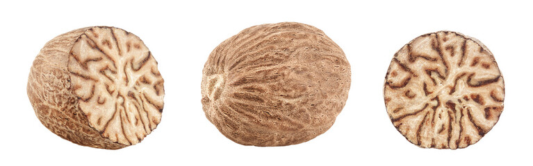 nutmeg half isolated on white background with full depth of field. Top view. Flat lay