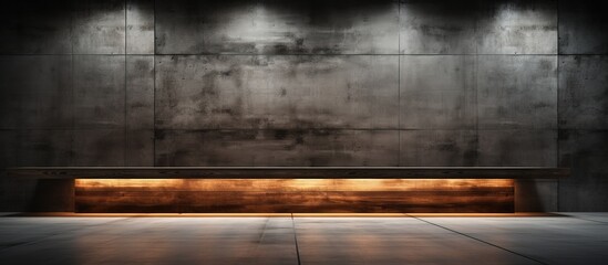 an empty dark abstract interior with smooth concrete and wood surfaces Architectural backdrop